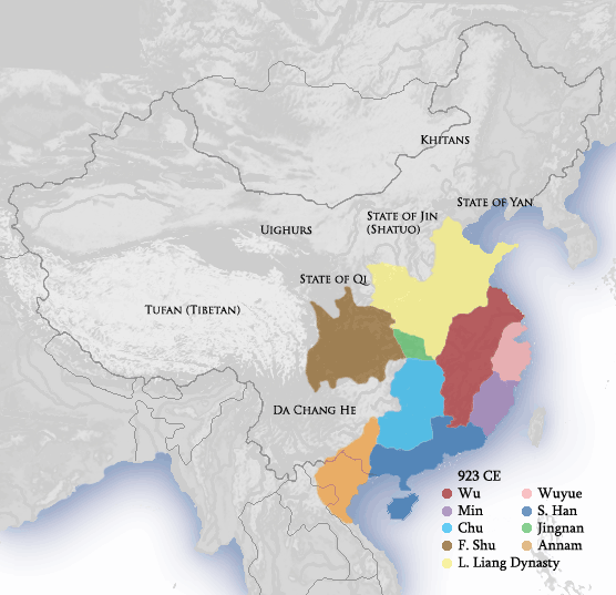 The Later Liang (yellow) and contemporary kingdoms