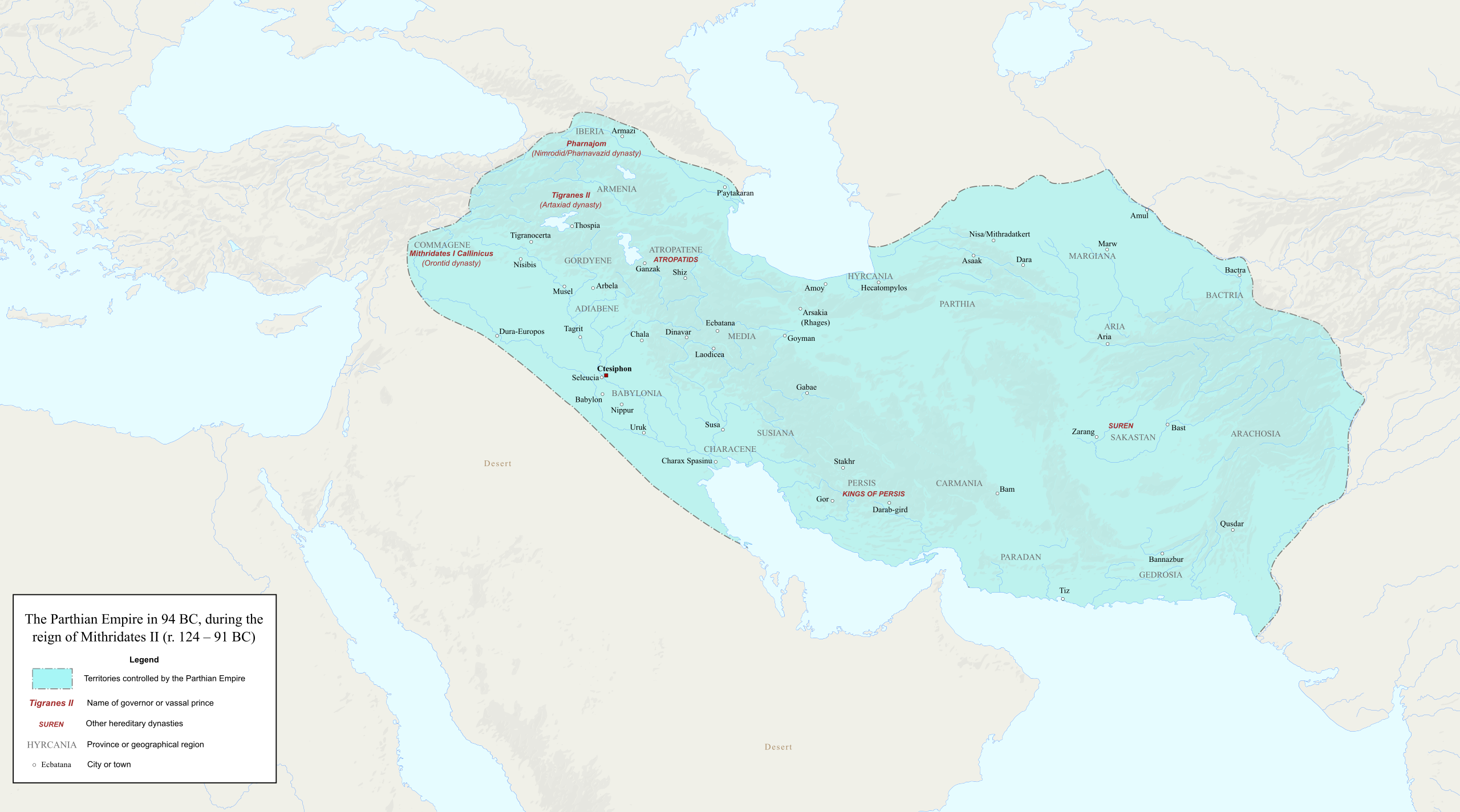 The Parthian Empire in 94 BC, during the reign of Mithridates II (r. 124–91 BC)