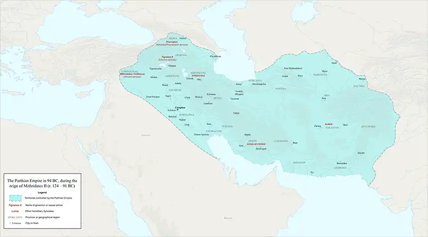 The Parthian Empire in 94 BC, during the reign of Mithridates II (r. 124–91 BC) The Parthian Empire in 94 BC, during the reign of Mithridates II (r. 124–91 BC)