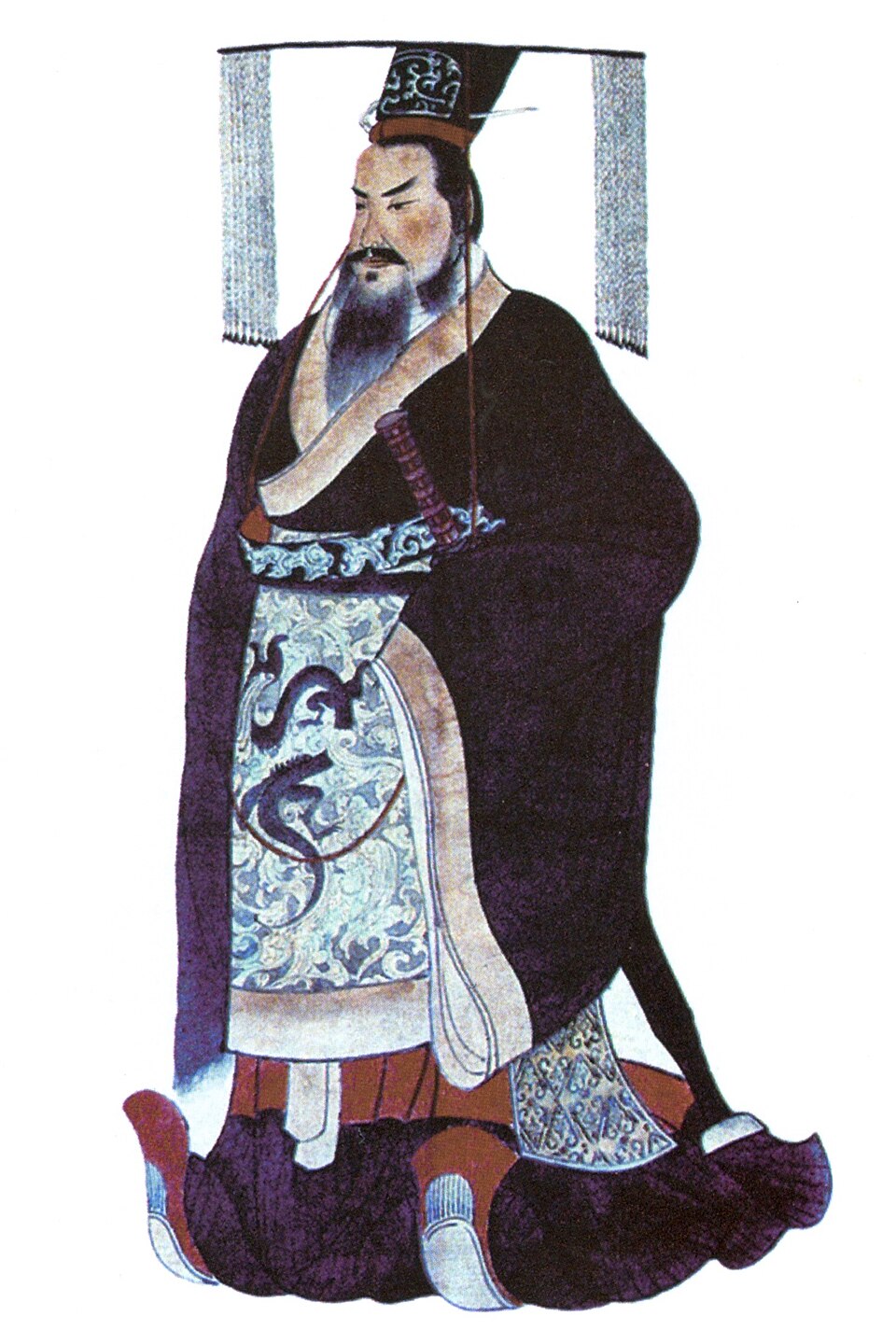 The honorific was first bestowed by Qin Shi Huang (depicted) to his deceased father King Zhuangxiang of Qin.