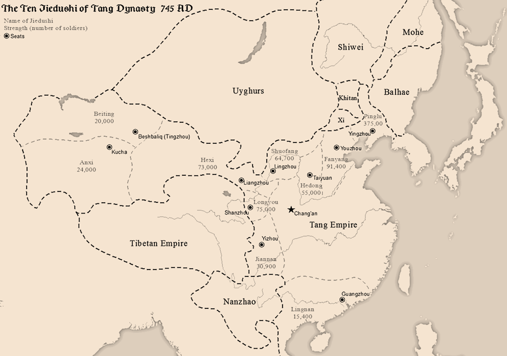 Map of the 10 major jiedushi of the Tang dynasty and their military strengths c. 745, during Emperor Xuanzong's reign