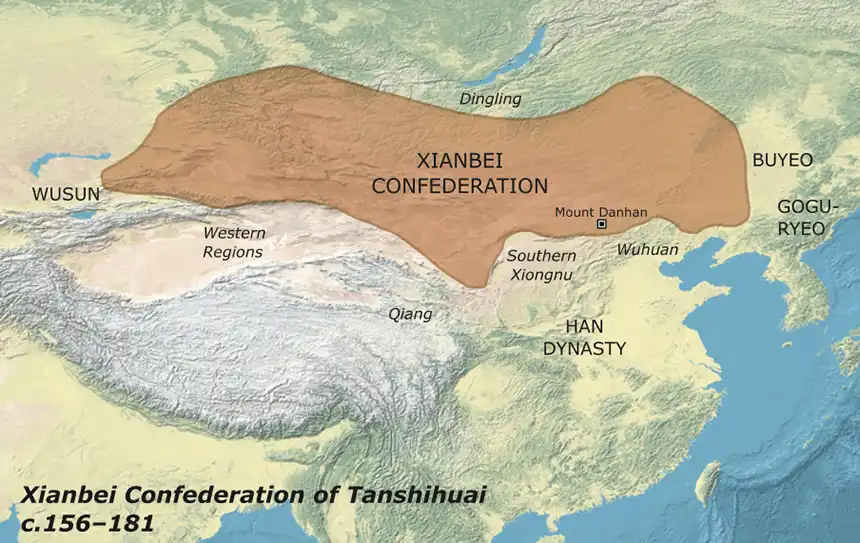 Territory of the Xianbei Confederation under Tanshihuai during the late 2nd century. Territory of the Xianbei Confederation under Tanshihuai during the late 2nd century.
